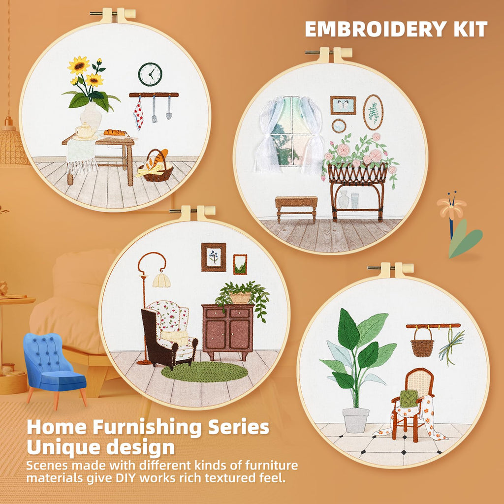 4 Pack Beginner Embroidery Kits DIY Starter Kit w Hoop Threads Tools