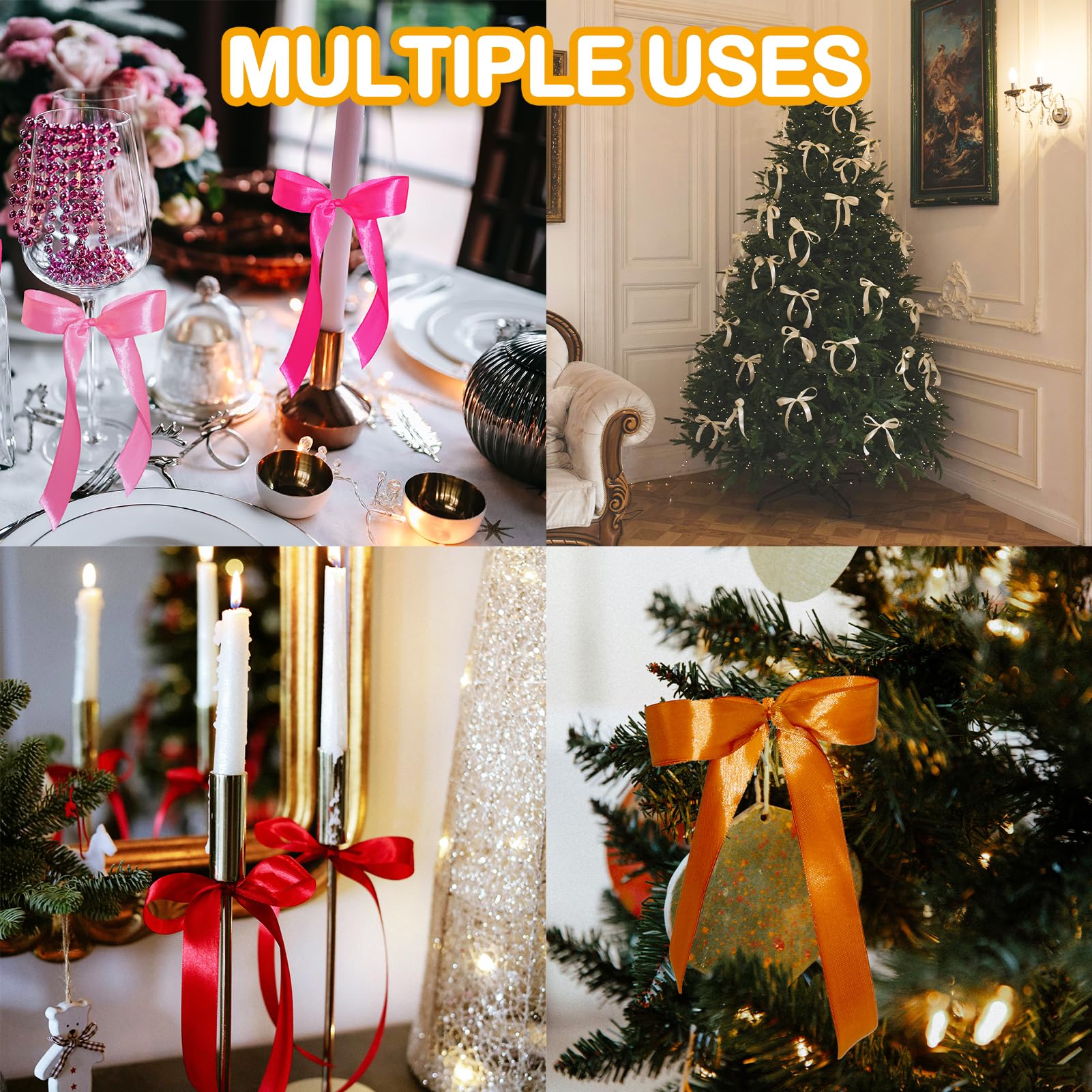 WISEgham Satin Ribbon Bows Christmas Tree Wreath Decor Pink Beige 24 Pc 8.1x9in