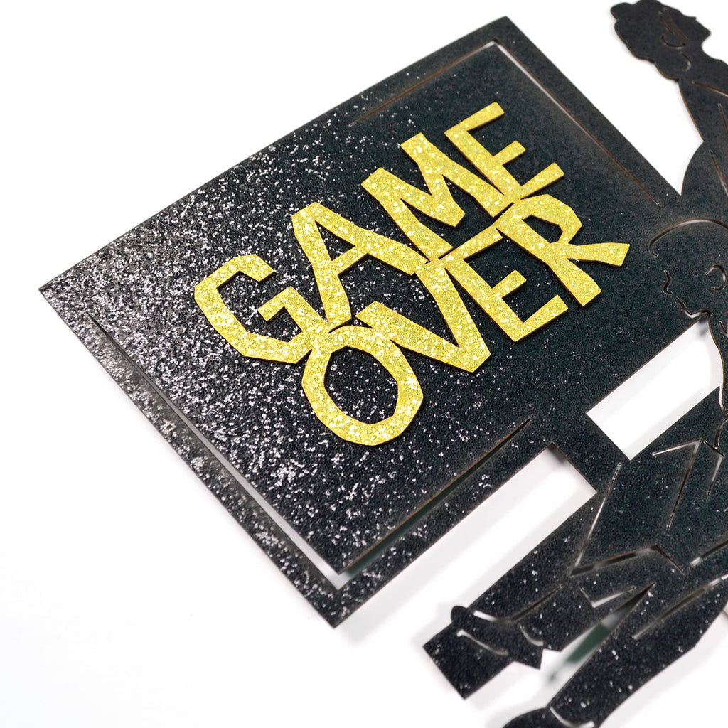 Little Man Game Over Wedding Cake Topper Double-sided Black Glitter 5.5x4.5in