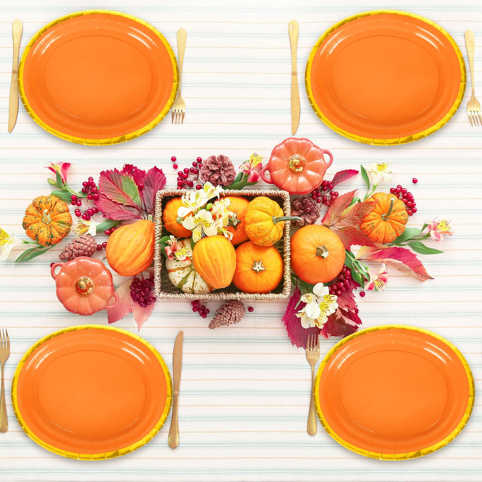 JarThenaAMCS 40Pcs Fall Oval Paper Plates Orange Gold Foil 9x7.7in