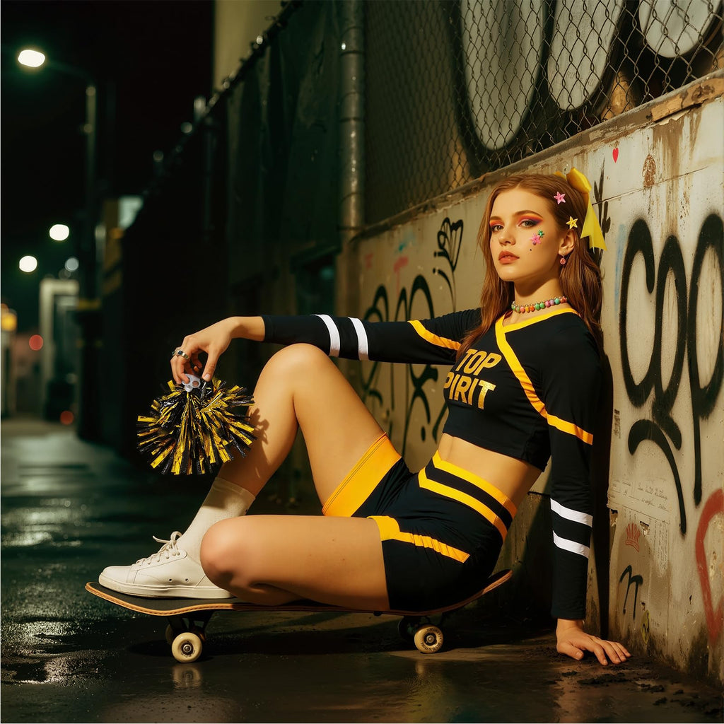 ROC PARTY Women Cheerleader Costume Yellow with Hairpins Pom Poms Size S