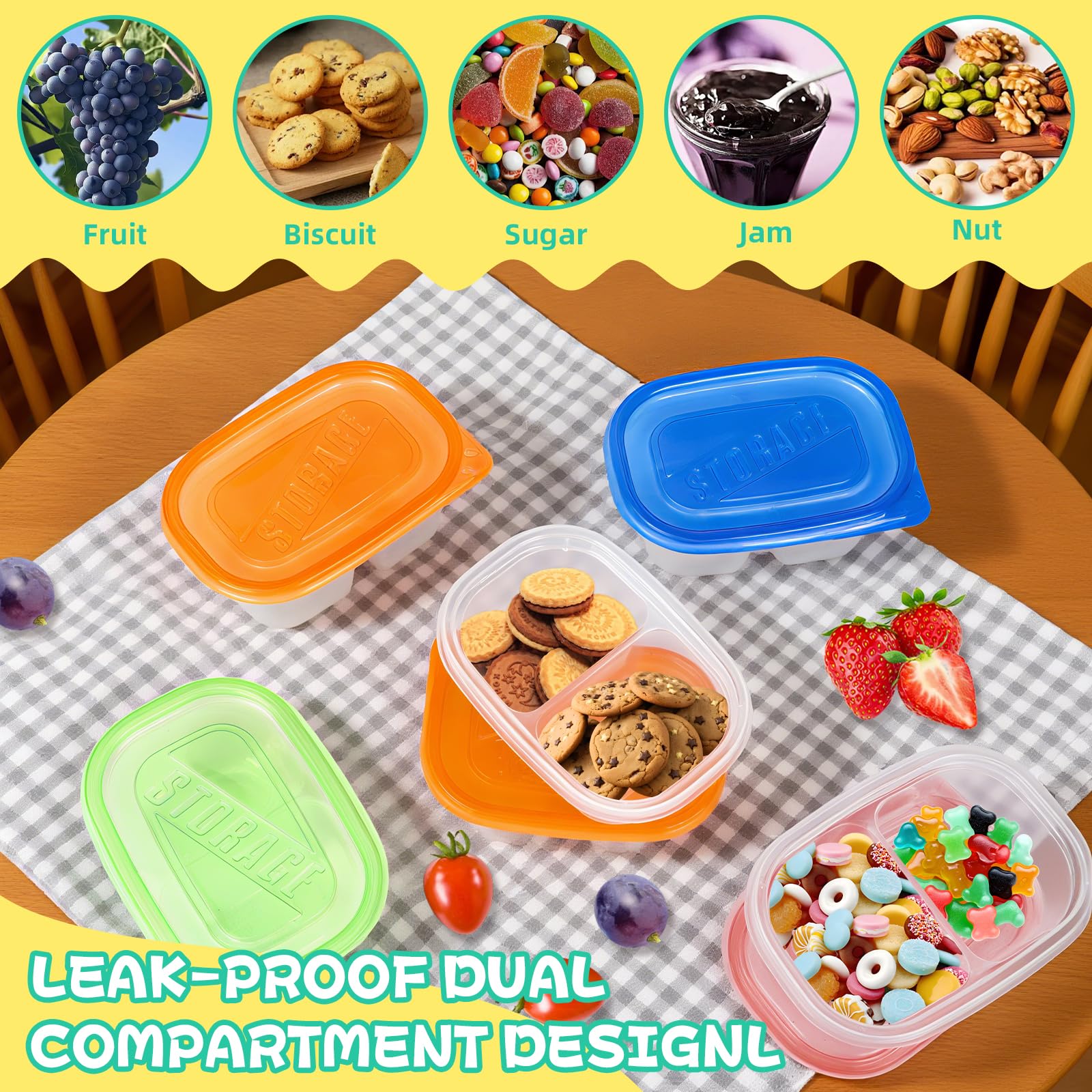 ISUSSER 50Pc Reusable Snack Pack Containers Double Compartment Clear Plastic