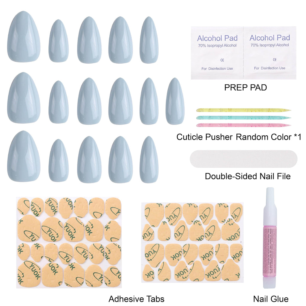 KBS Designer Handmade Press On Nails Blue Short French Tip Almond 16 Sizes Kit