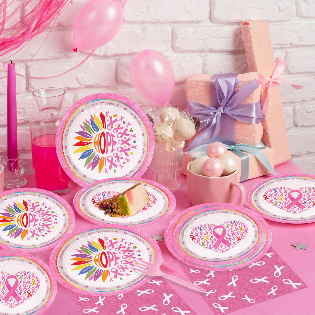 Detanpoly 96pcs Breast Cancer Awareness Pink Ribbon Plates Napkins Forks Set