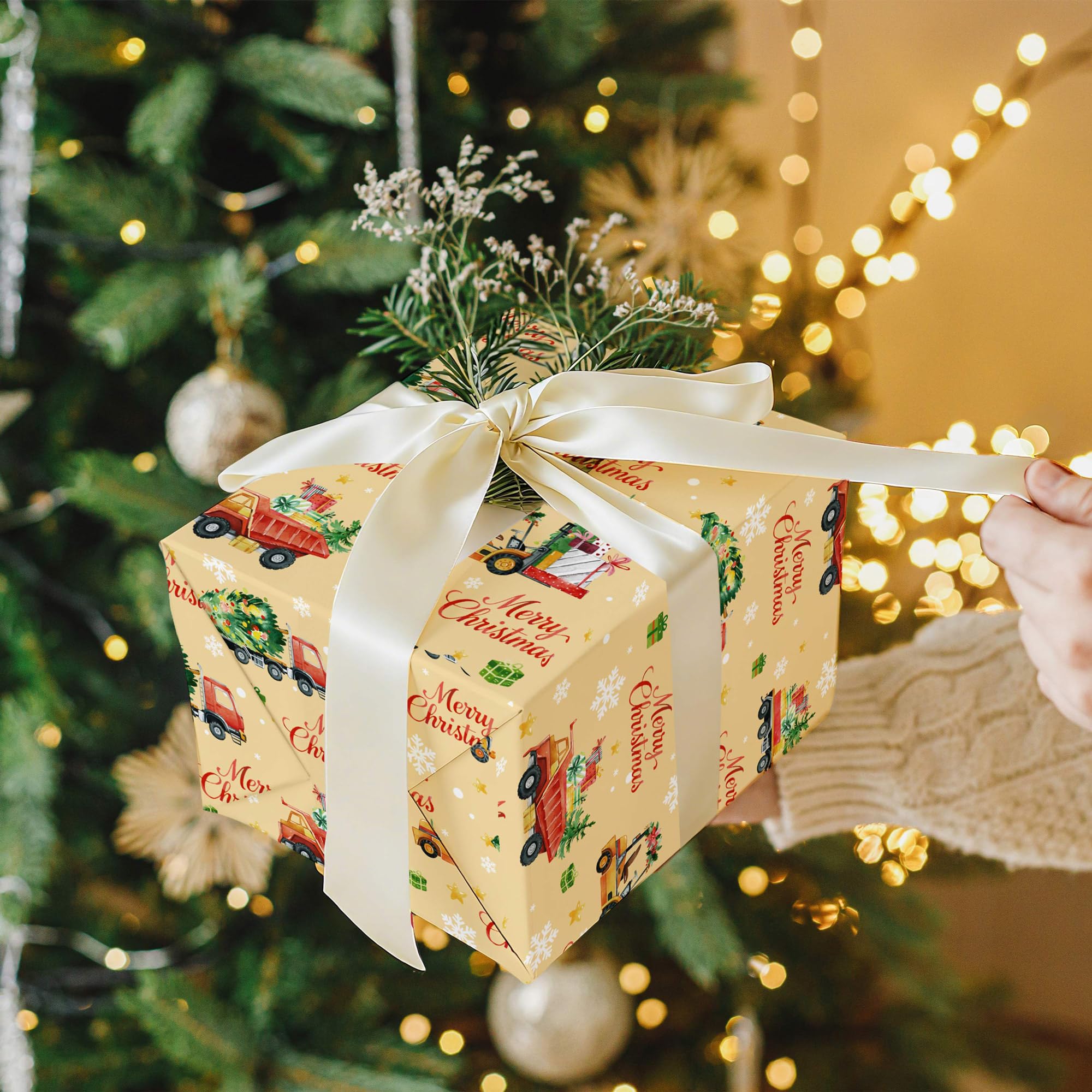 WRAPLULU Christmas Truck Wrapping Paper 4 Jumbo Sheets 28x40in Yellow