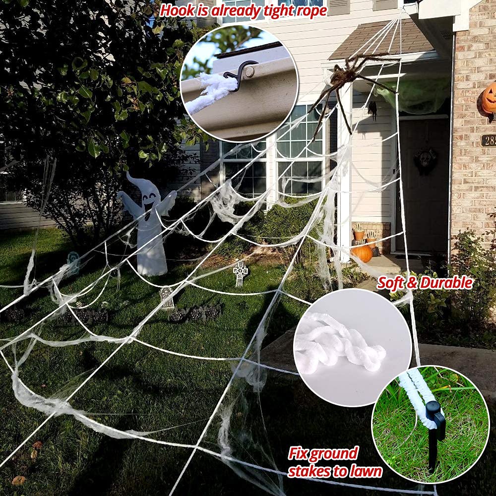 OCATO 200" Halloween Spider Web + 59" Giant Spider Decorations Black