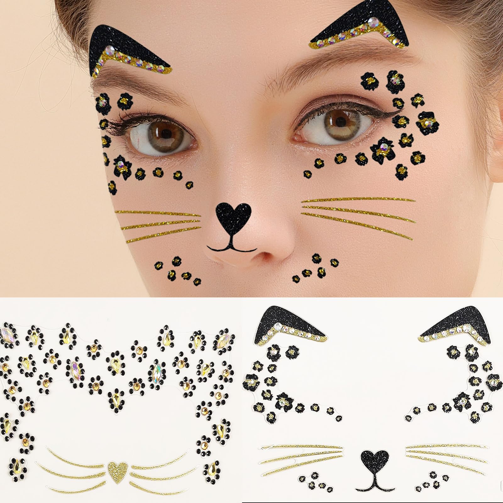 eyigylyo Cat Face Gems Black Cat Temporary Tattoo Halloween Festival Rave