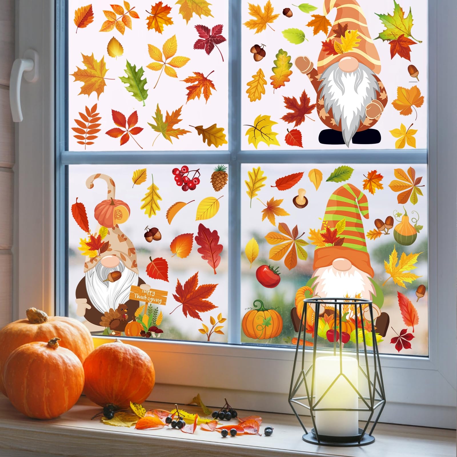 Pedel Fall Gnome Window Clings 93Pcs Thanksgiving Autumn Leaves Decals