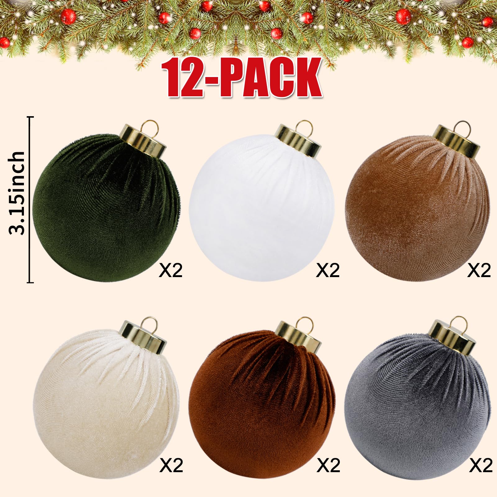 SUPREME XMAS 12 Pcs Velvet Christmas Ornaments Set 80mm Multi Color