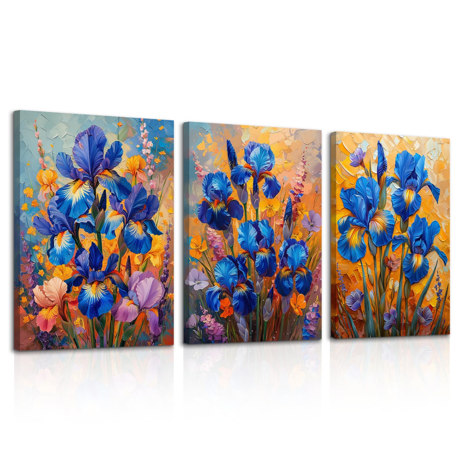 HTTART Blue Iris Flower Oil Painting Wall Art Van Gogh Style 12x16 Set of 3