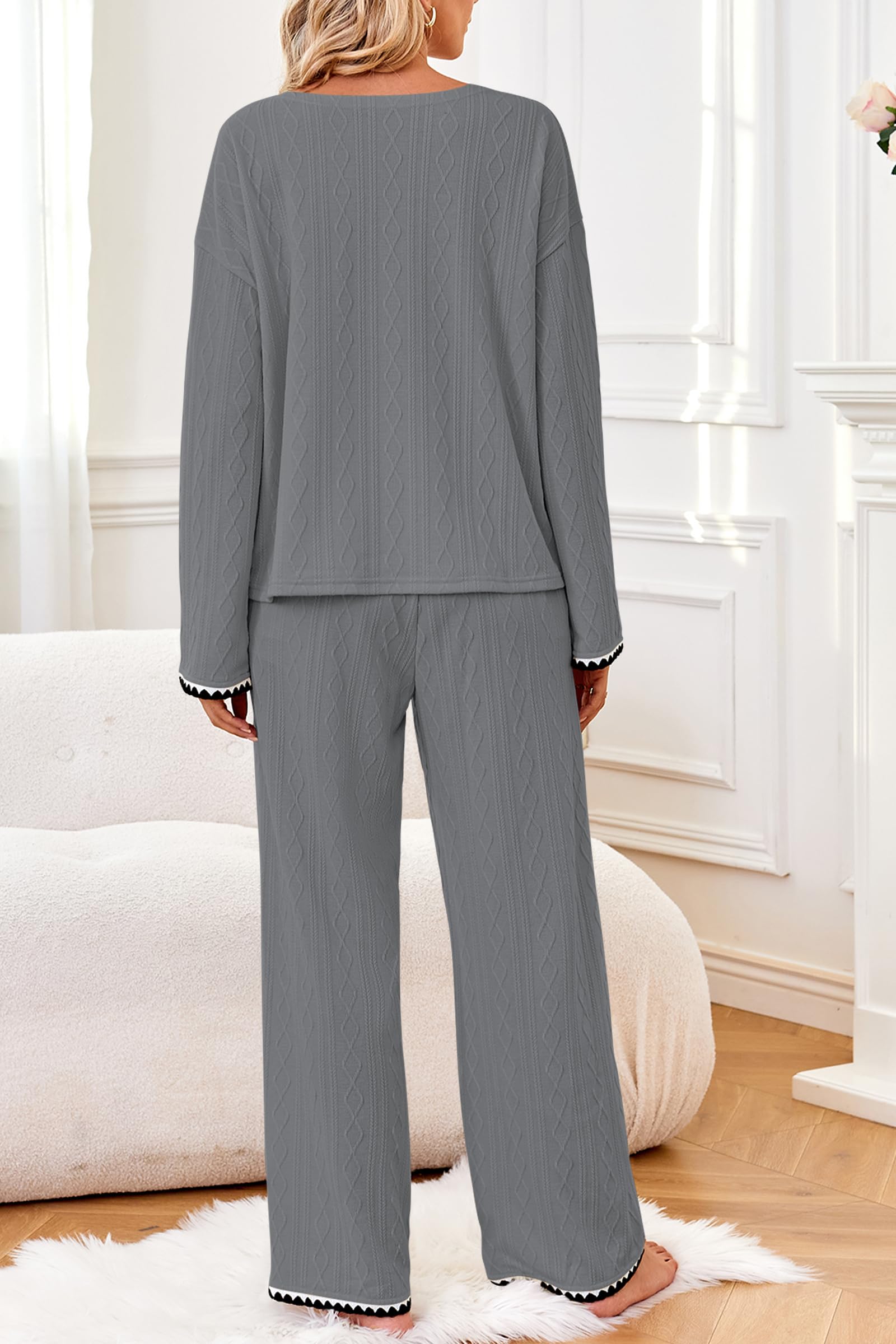 GUOLEZEEV Two Piece Lounge Set Soft Pajama Long Sleeve Pant Gray Size L