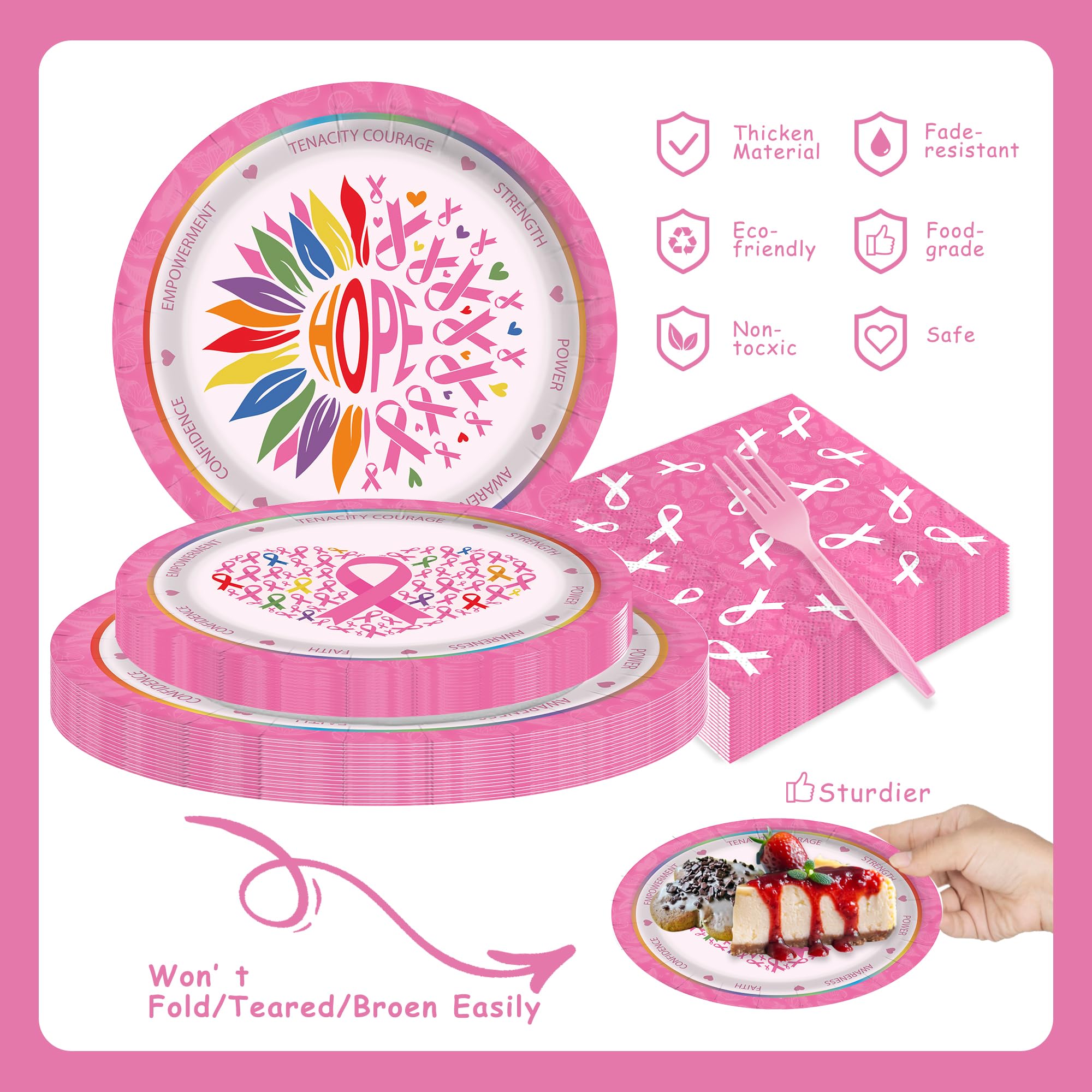 Detanpoly 96pcs Breast Cancer Awareness Pink Ribbon Plates Napkins Forks Set