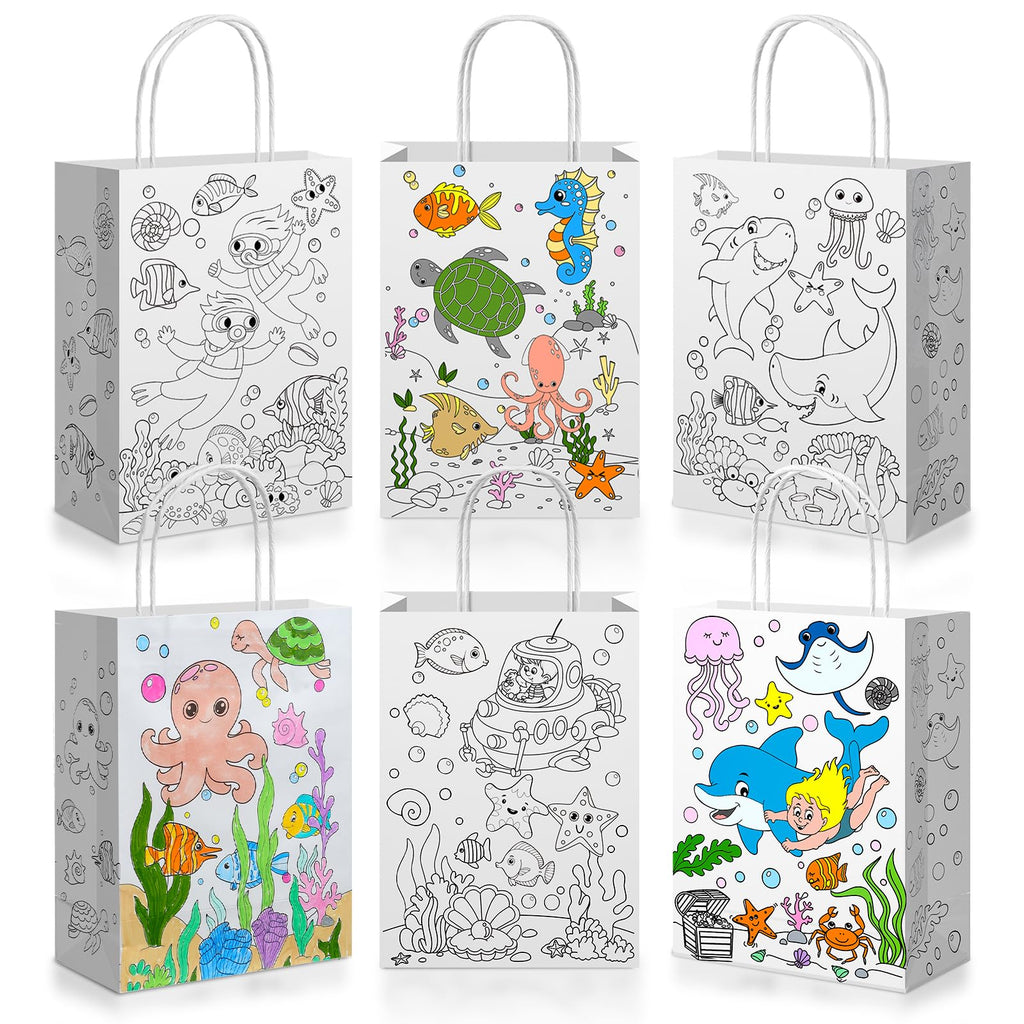 Yaomiao 24 Pcs Color Your Own Kraft Paper Tote Bags Sea Blue