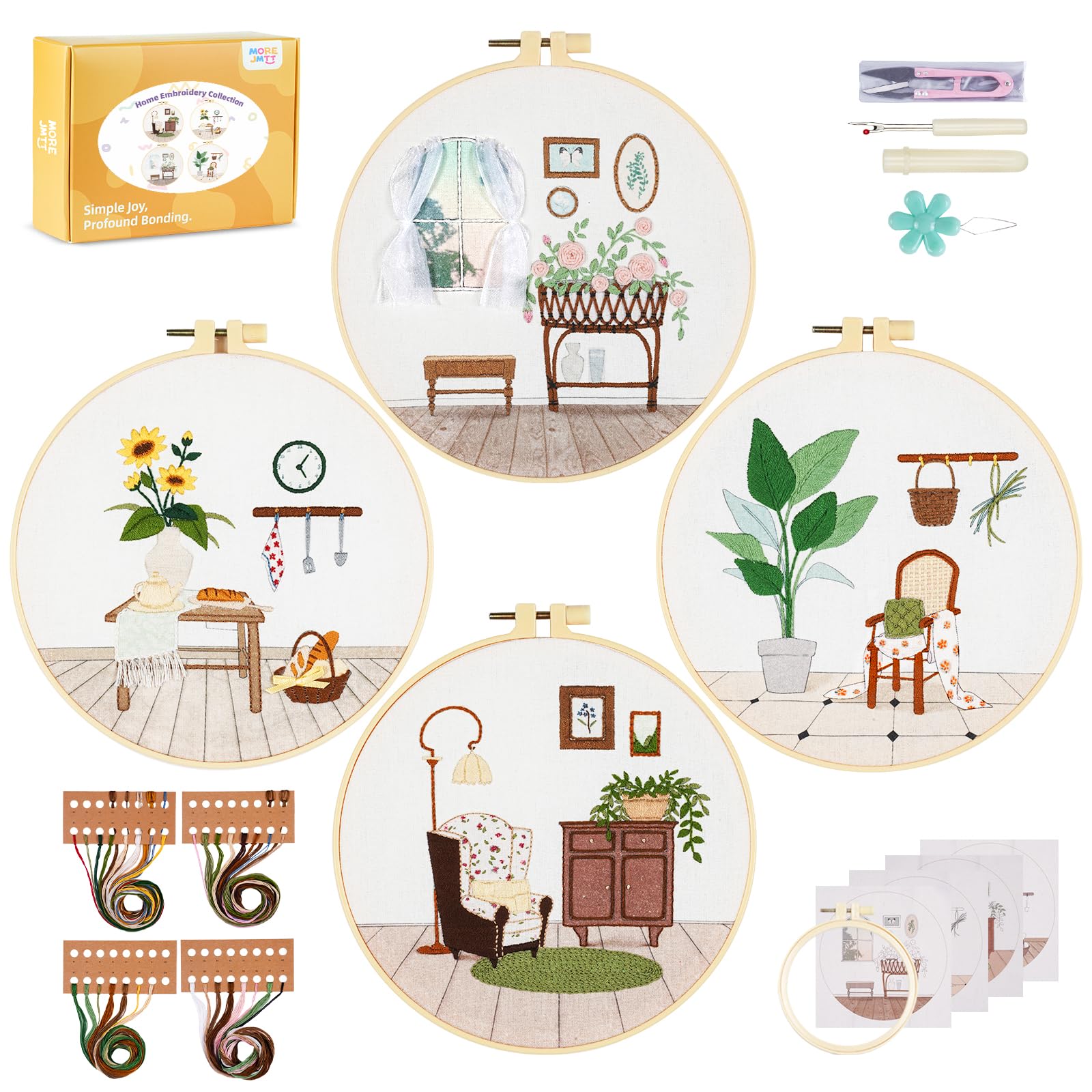4 Pack Beginner Embroidery Kits DIY Starter Kit w Hoop Threads Tools
