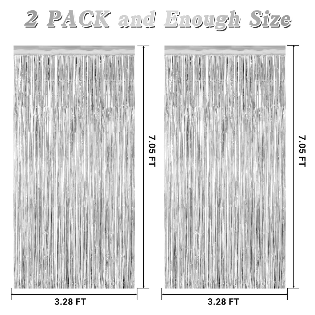 ZATAYE 2 Pack Tinsel Backdrop 3.28x7.05 FT Silver Metallic Foil Curtains