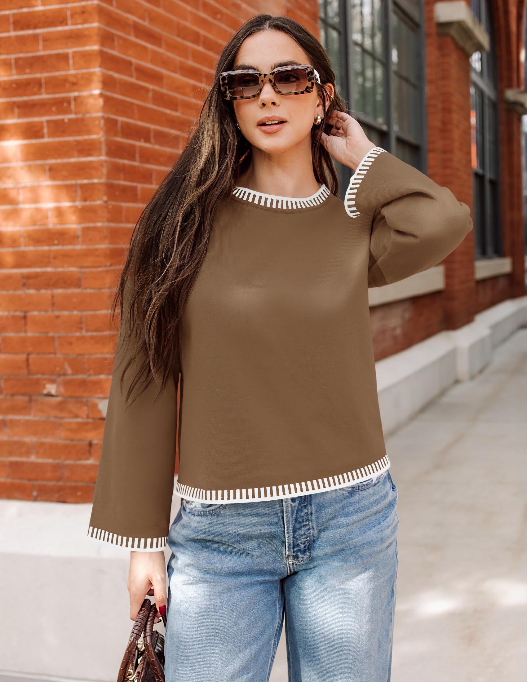 ZESICA Women's Oversized Ribbed Knit Sweater Crewneck Brown Size S