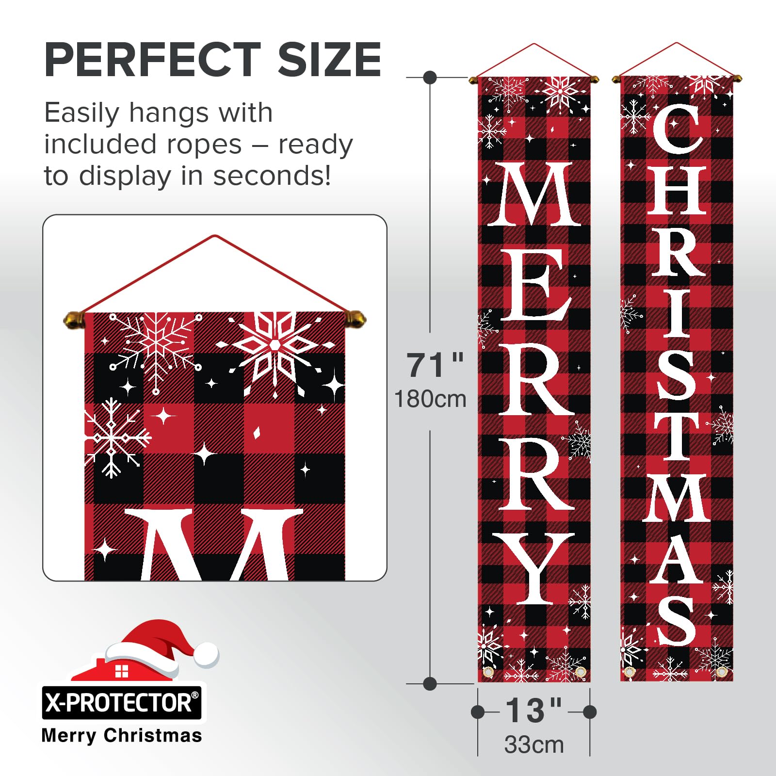 X-Protector Merry Christmas Buffalo Plaid Banner 71x13 Red