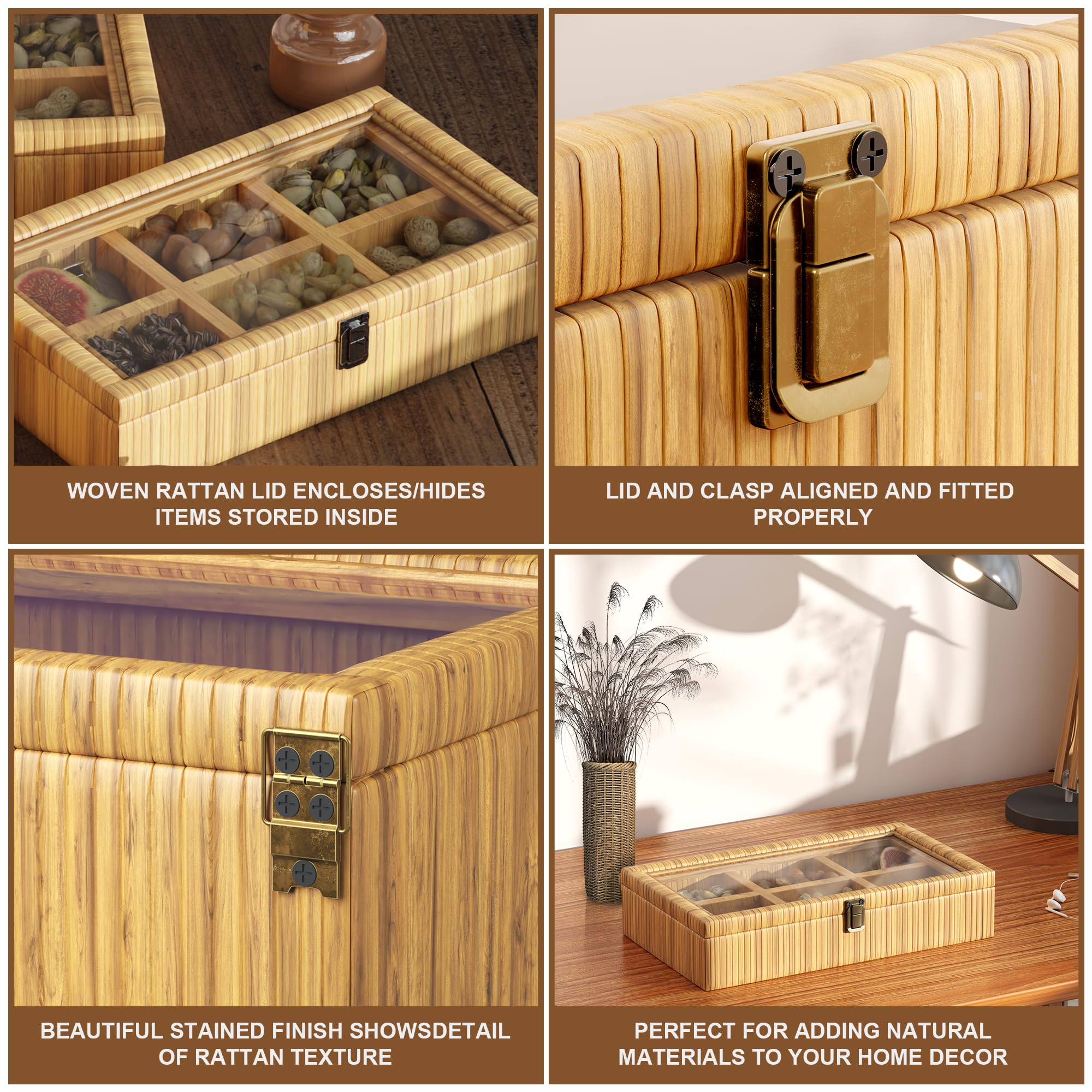 Fllamo Rattan Storage Box with Lid 6 Compartments Brown 11.8x7.8x3in