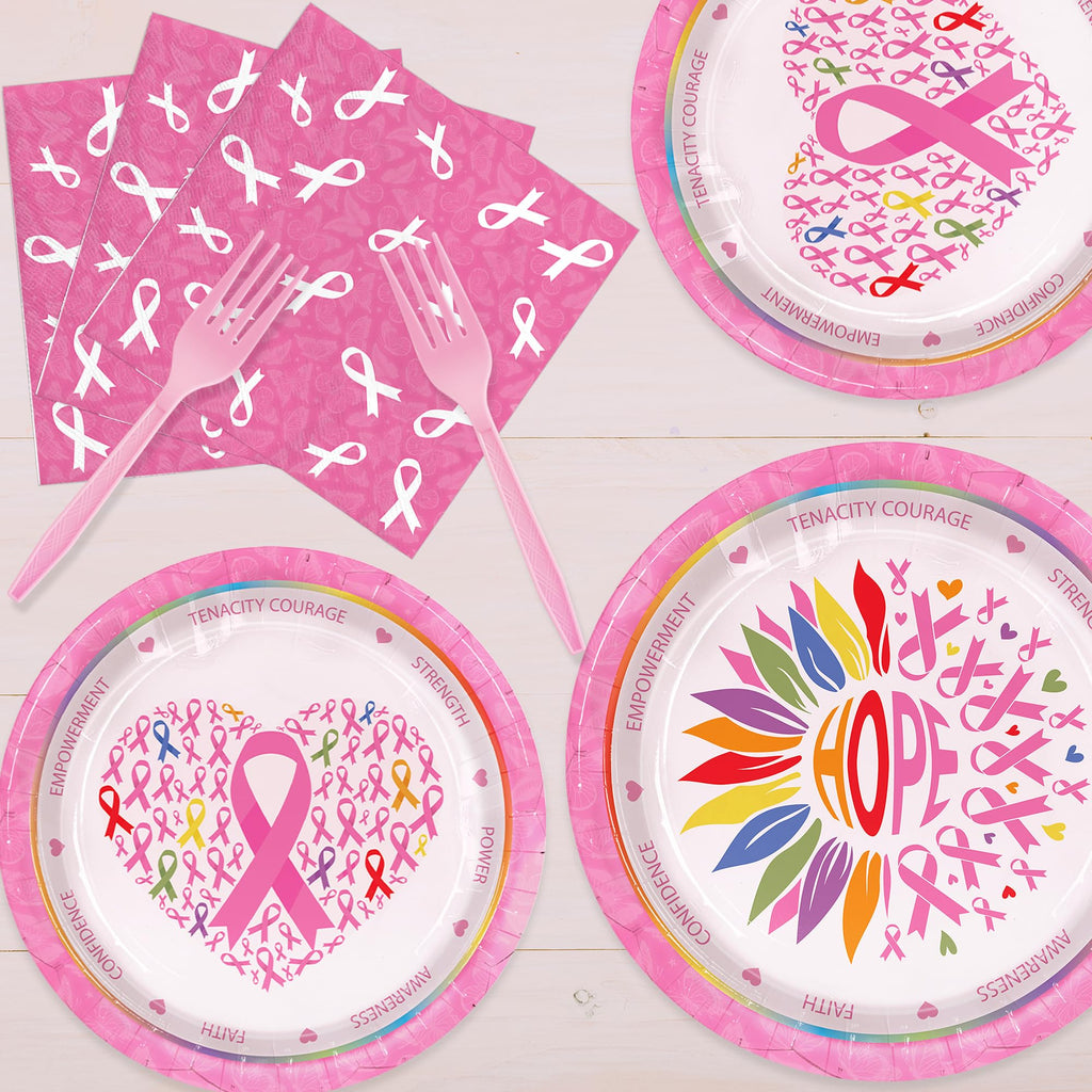 Detanpoly 96pcs Breast Cancer Awareness Pink Ribbon Plates Napkins Forks Set