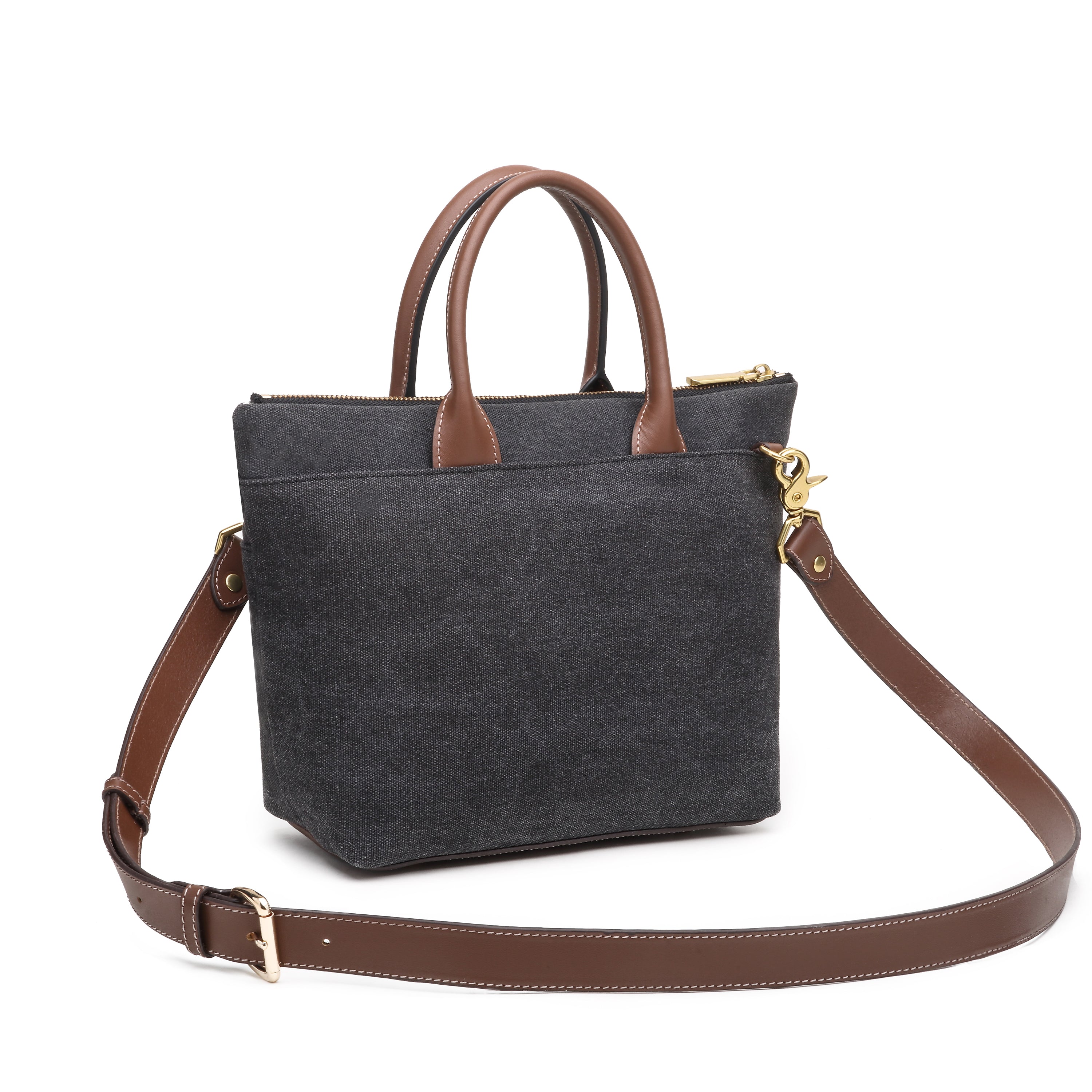 Dot | Small Tote | Black Washed Canvas + Brown