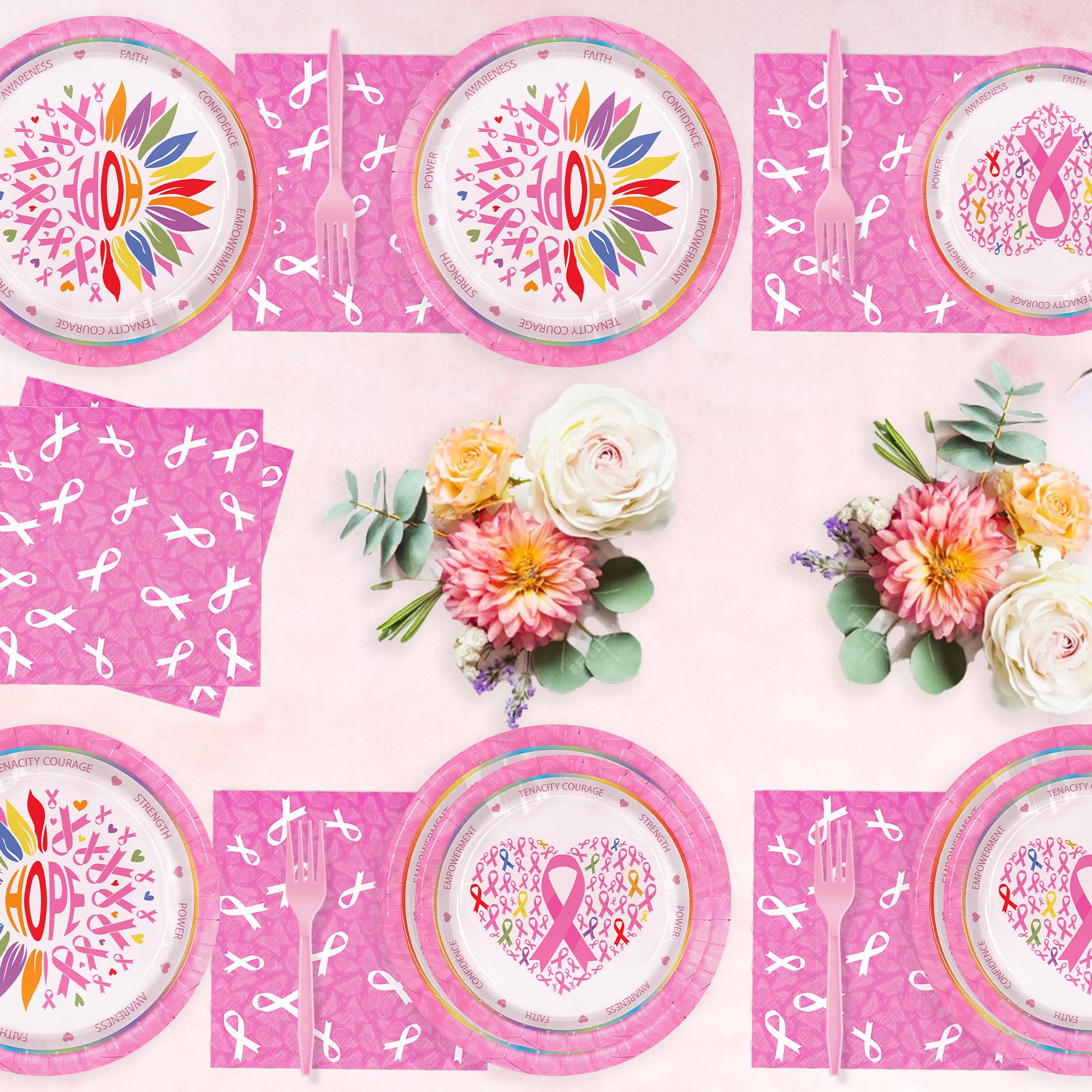 Detanpoly 96pcs Breast Cancer Awareness Pink Ribbon Plates Napkins Forks Set