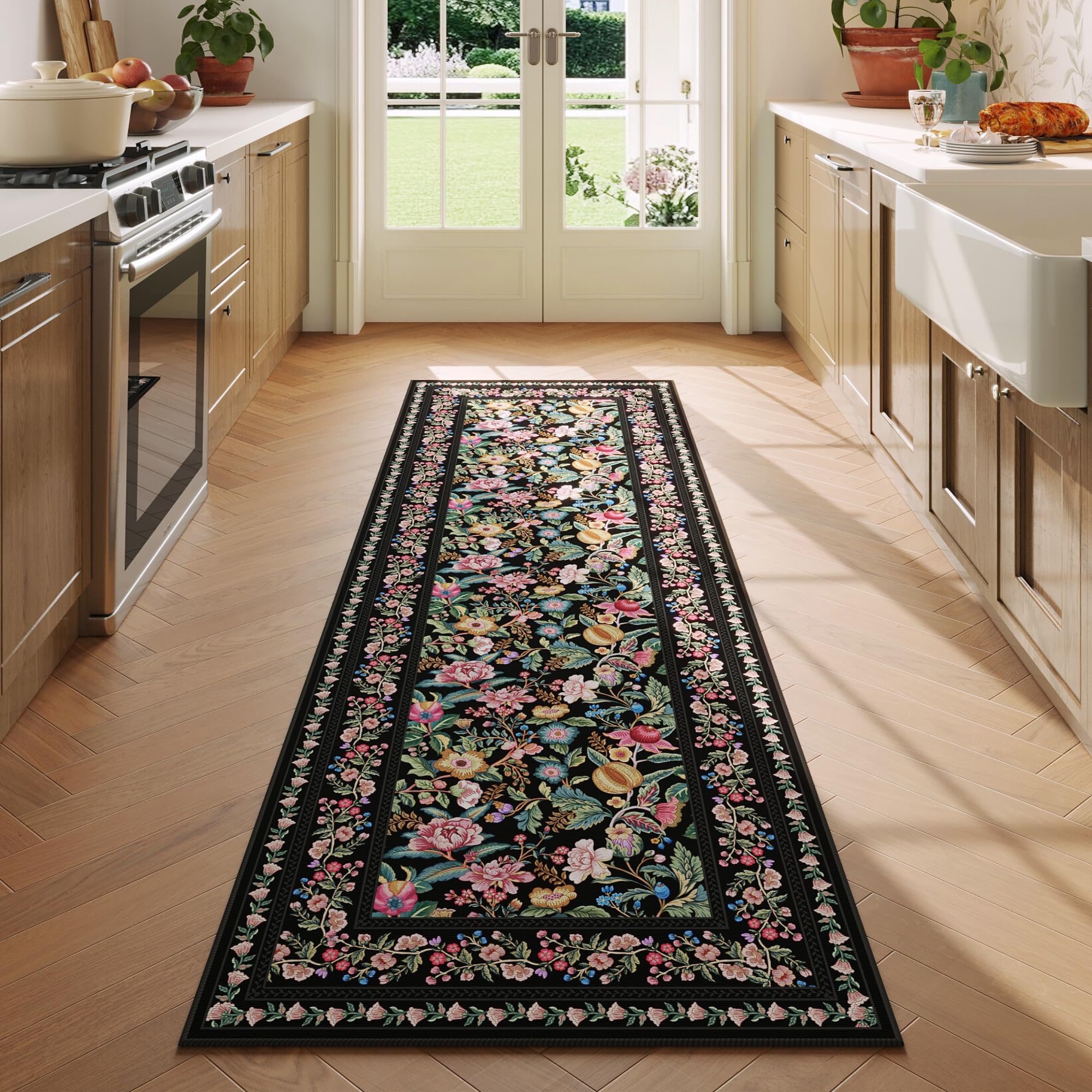 Vowkten Kitchen Runner Rug 2'x6' Non Slip Washable Black Vintage Polyester