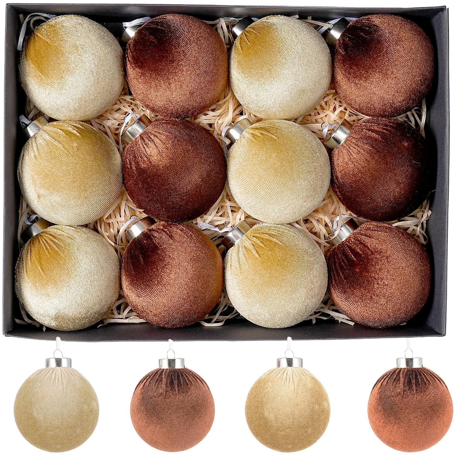 Xmastell 12 Pcs Velvet Christmas Ornaments Set Coffee Brown 3.15 Inch