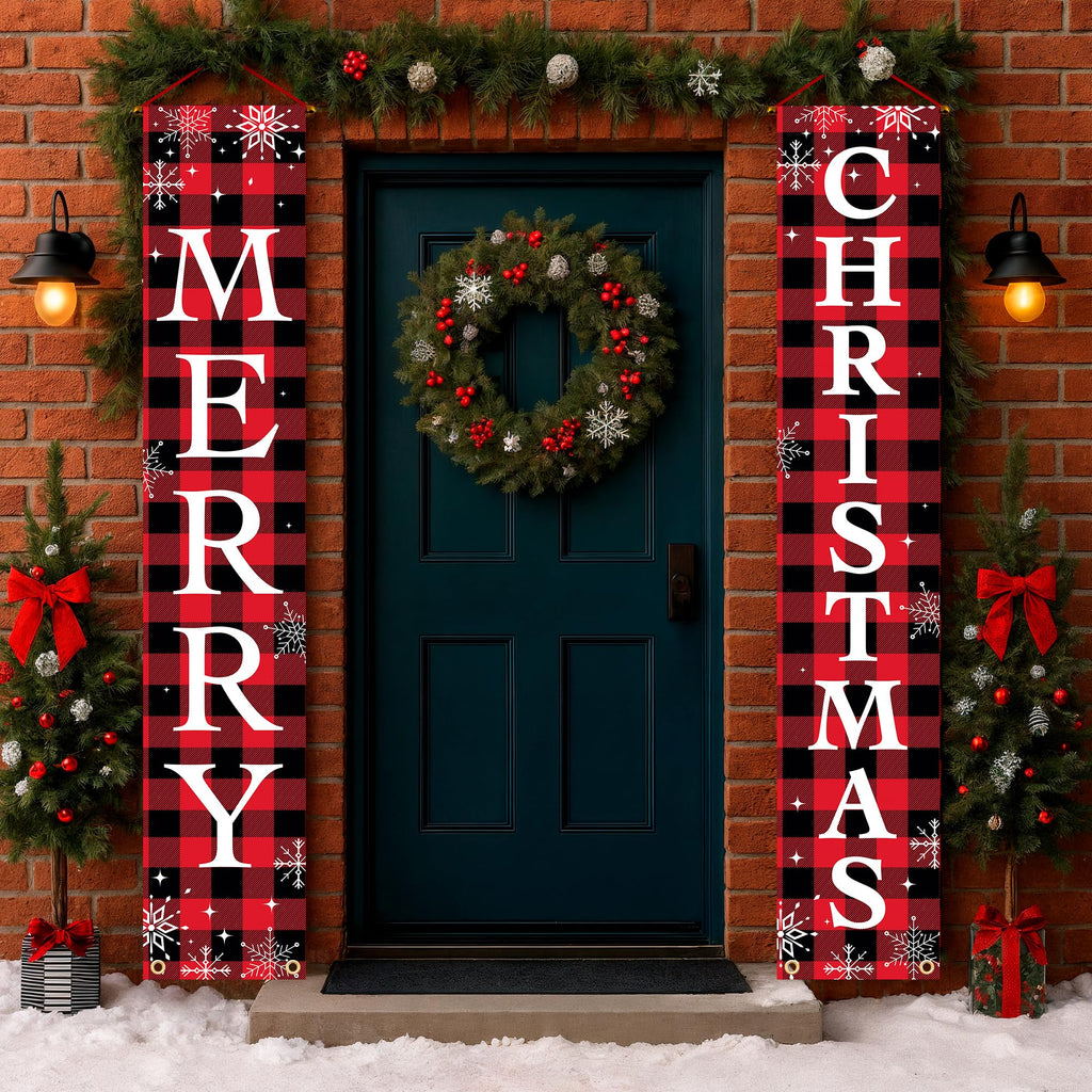 X-Protector Merry Christmas Buffalo Plaid Banner 71x13 Red