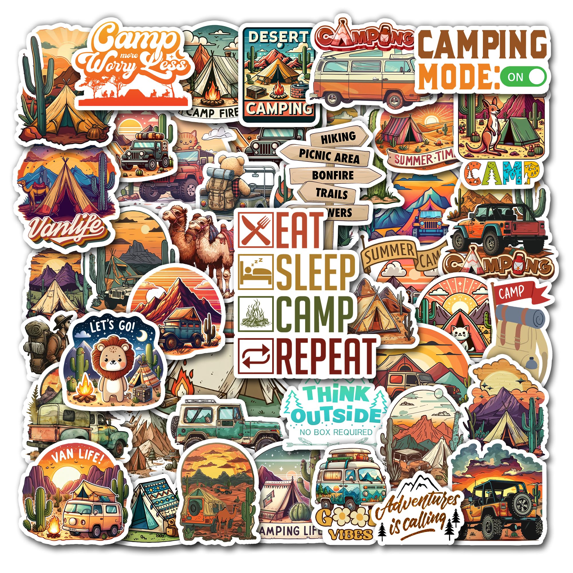 BIGZORO Desert Camping Stickers Camel Cactus Waterproof Vinyl Pack 50