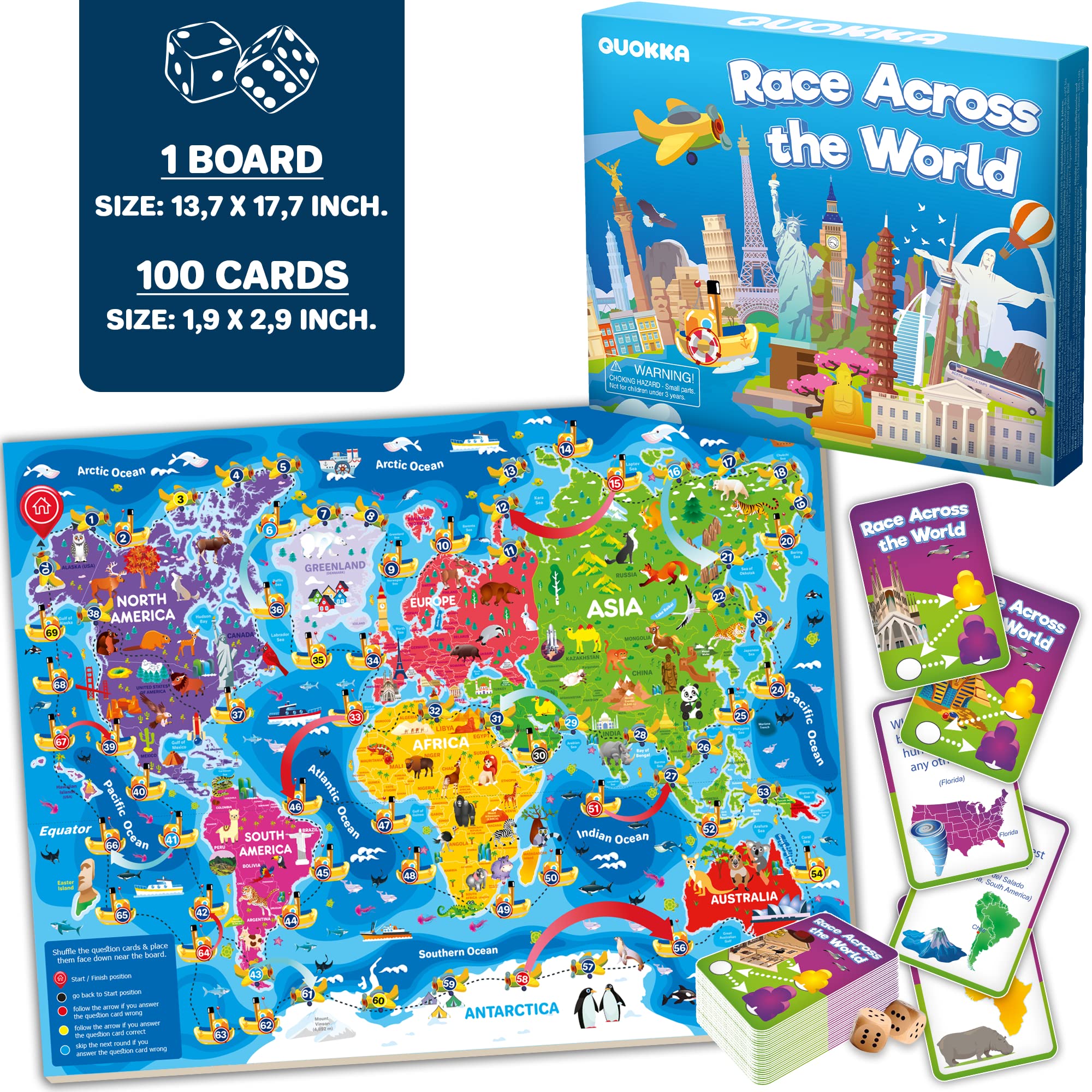 QUOKKA 3X Learning Board Games Set Educational Trivia Cards Kids Ages 6-8