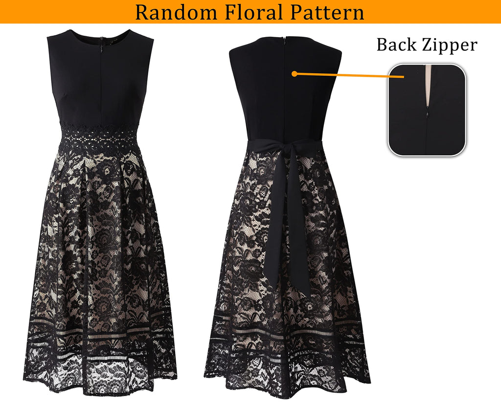 VFSHOW Womens Black Lace Tie Waist Front Zipper Slim A-Line Dress Size L