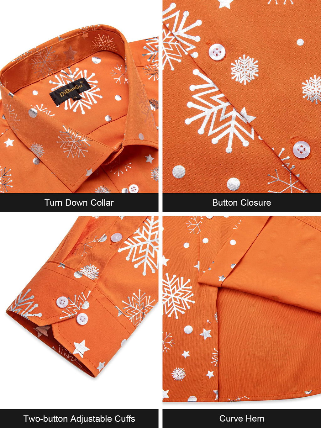 DiBanGu Mens Christmas Long Sleeve Button Down Shirt Orange Silver Size XX-Large