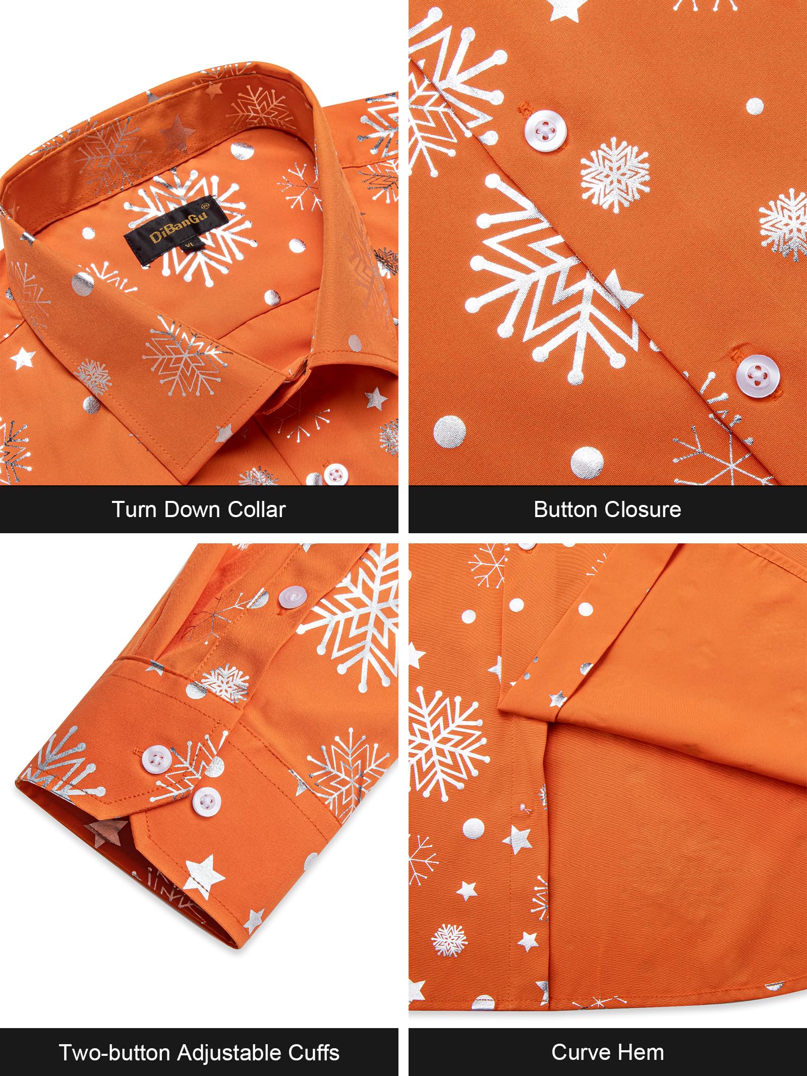 DiBanGu Mens Christmas Long Sleeve Button Down Shirt Orange Silver Size XX-Large