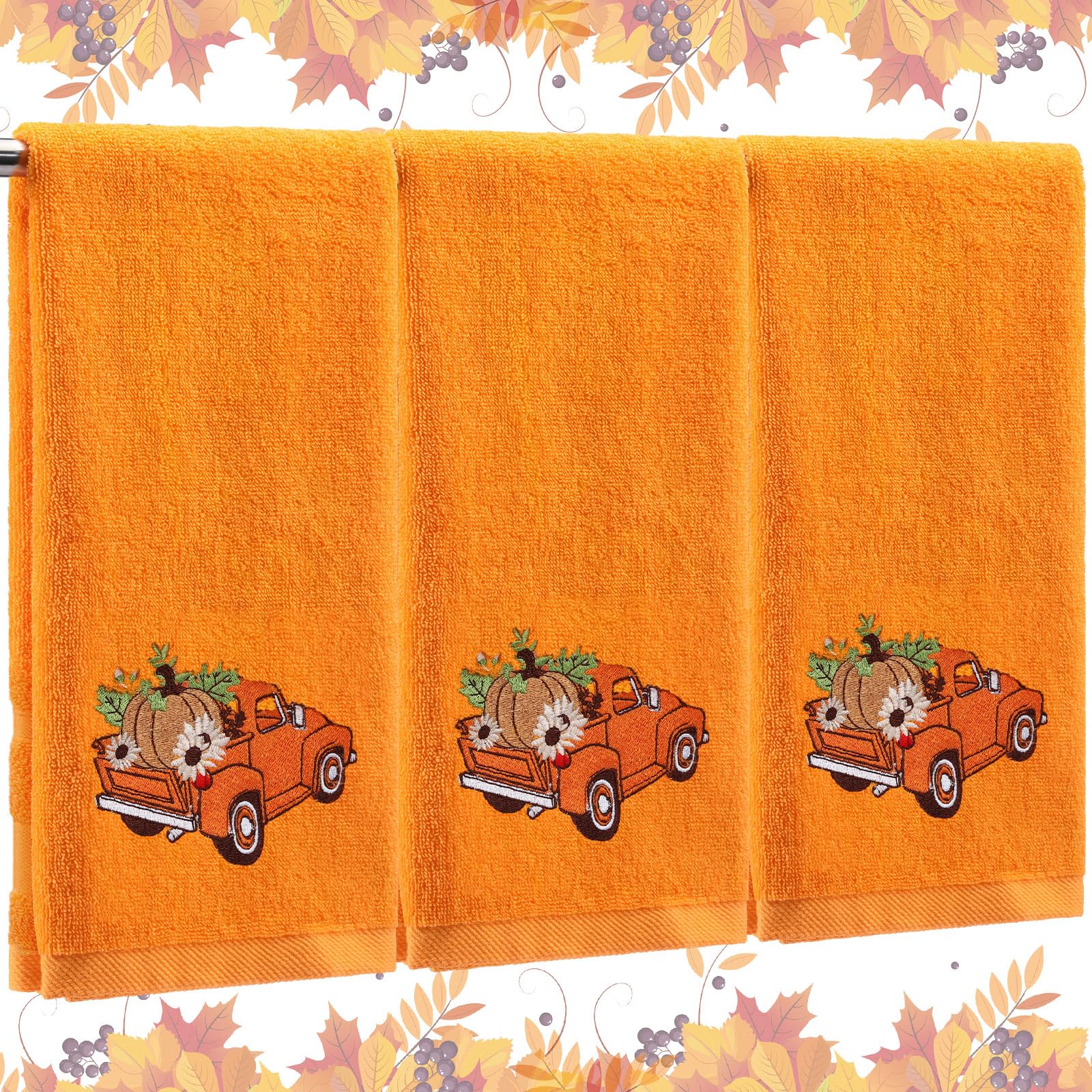 Fanfanwin 3 Pcs Thanksgiving Hand Towels Orange Pumpkin 13.8x29.5 Inch Cotton