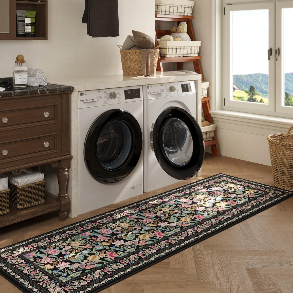 Vowkten Kitchen Runner Rug 2'x6' Non Slip Washable Black Vintage Polyester