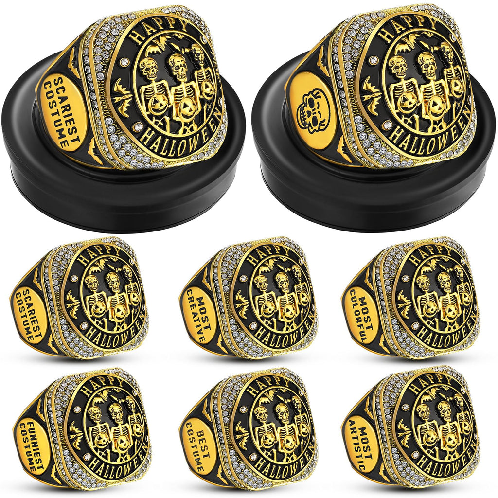 Highergo Halloween Skeleton Trophy Rings Set 6pcs with Neck Chain Stand