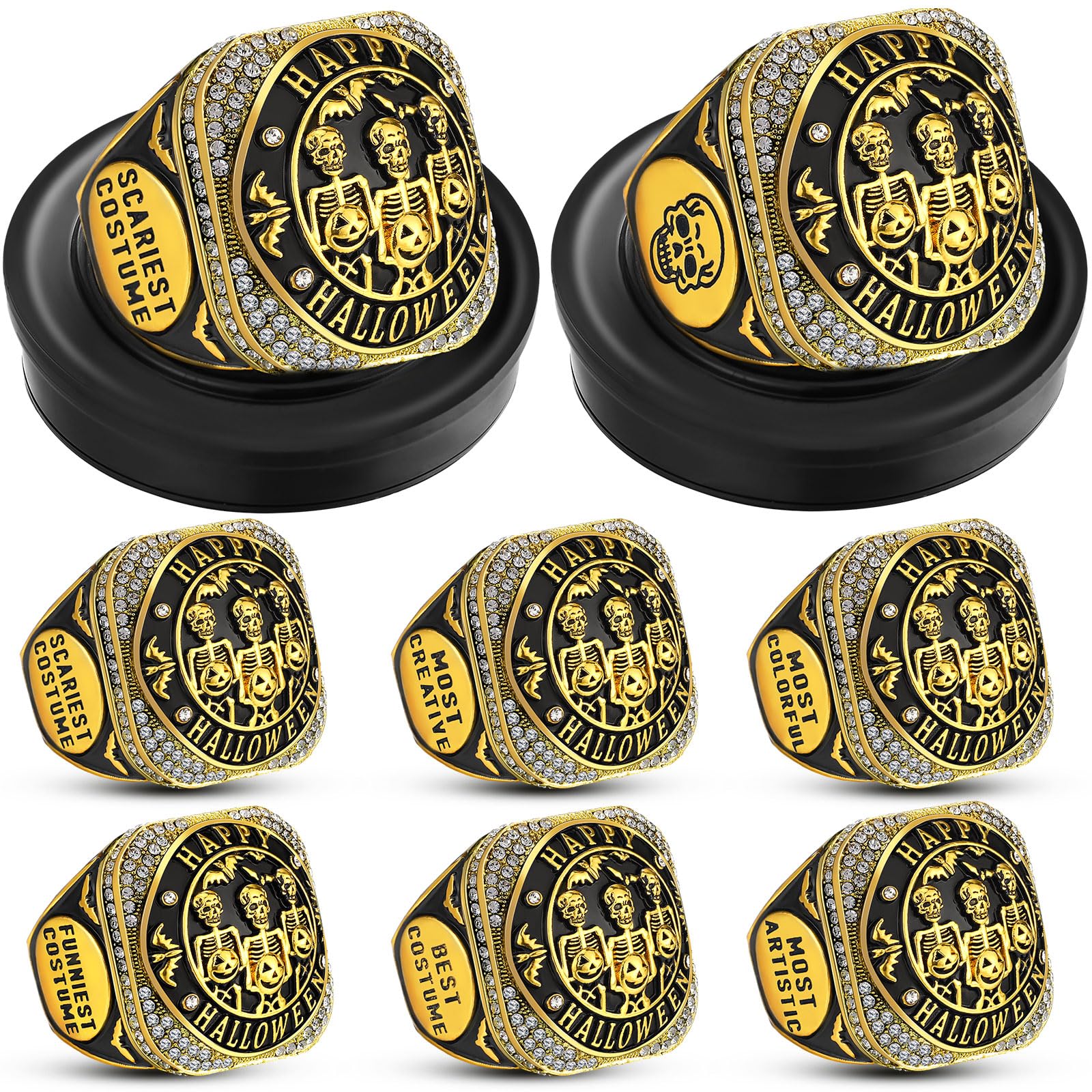 Highergo Halloween Skeleton Trophy Rings Set 6pcs with Neck Chain Stand