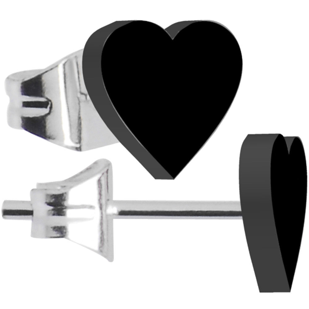 Black Acrylic Heart Stud Earrings - Hypoallergenic Stainless Steel