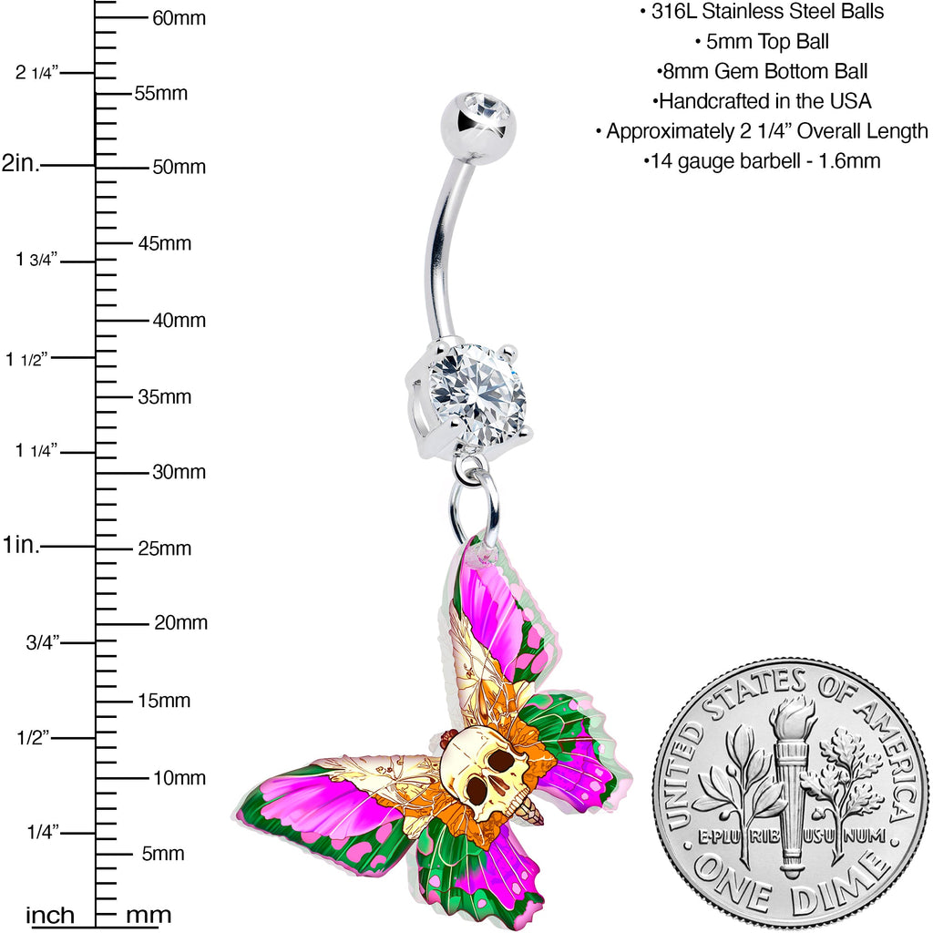 Pendiente de ombligo colgante de calavera mariposa gema transparente de Onyx O