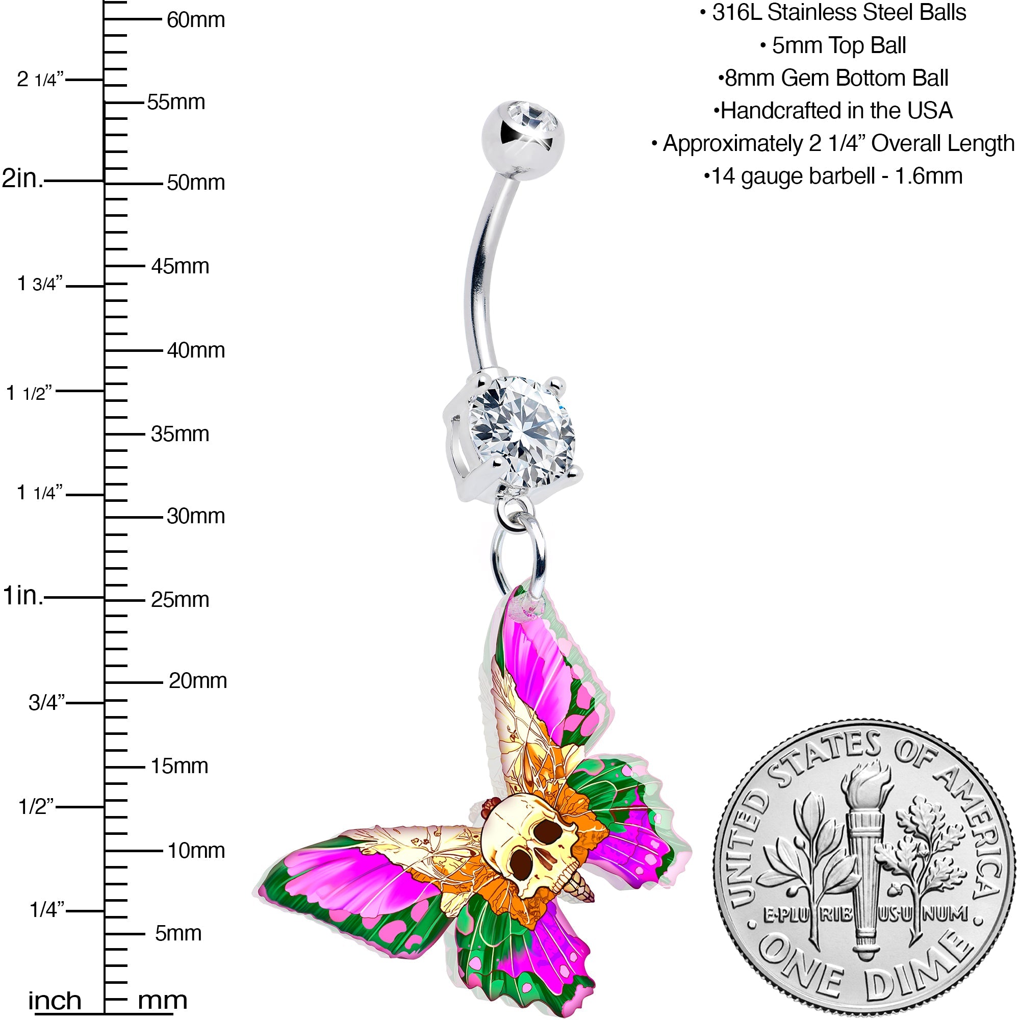 Pendiente de ombligo colgante de calavera mariposa gema transparente de Onyx O
