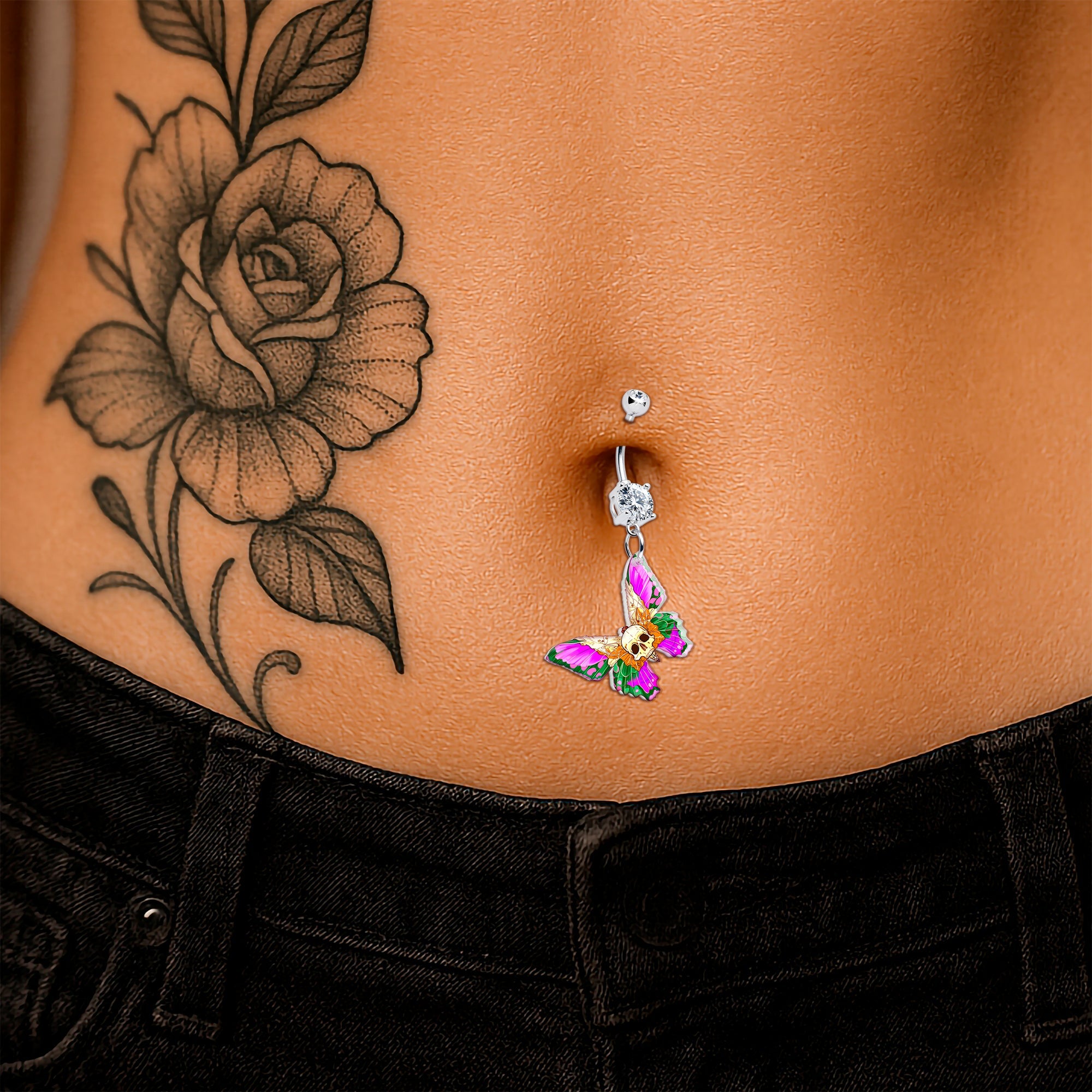 Pendiente de ombligo colgante de calavera mariposa gema transparente de Onyx O