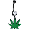 Double Gem Green Marijuana Pot Leaf Black Dangle Belly Ring