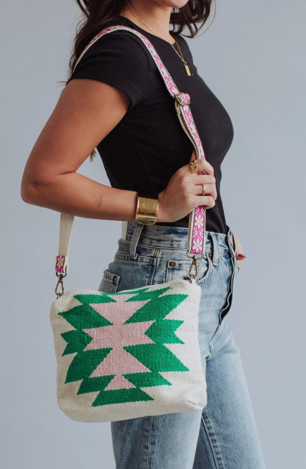 Beige, Green & Pink Aztec Crossbody