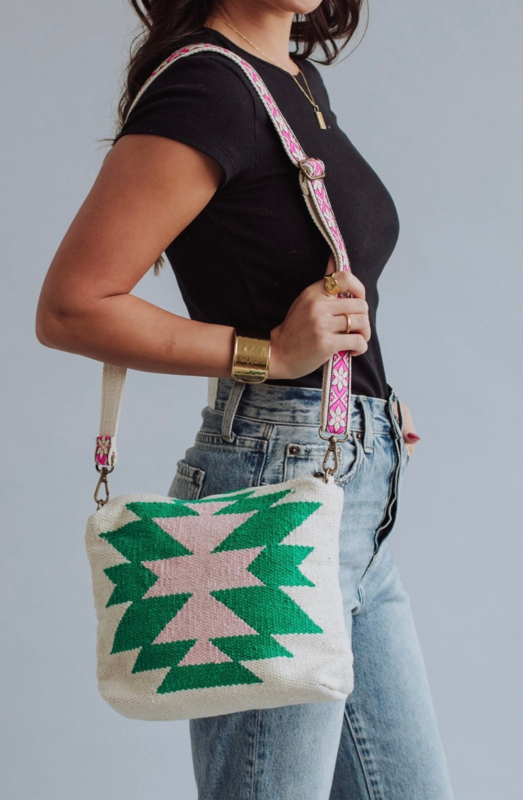 Beige, Green & Pink Aztec Crossbody