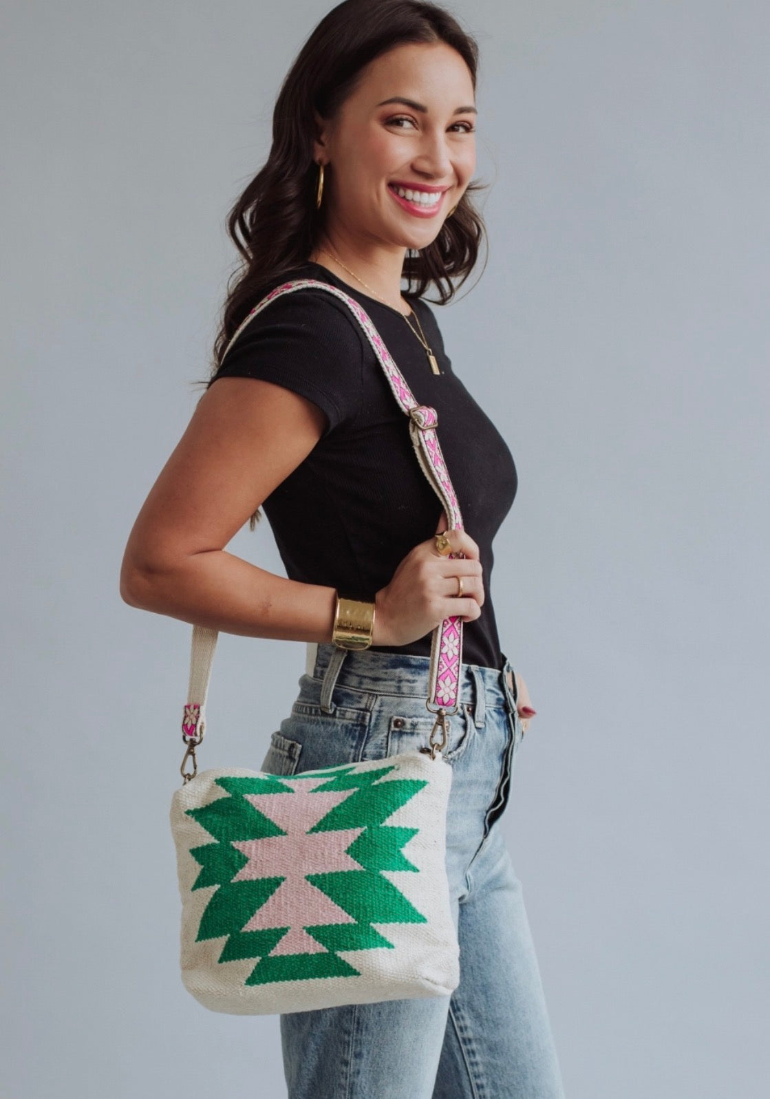 Beige, Green & Pink Aztec Crossbody