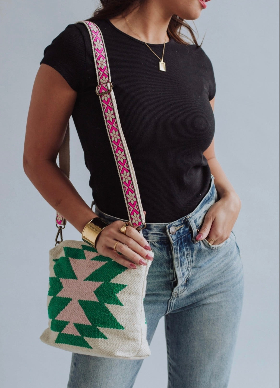 Beige, Green & Pink Aztec Crossbody