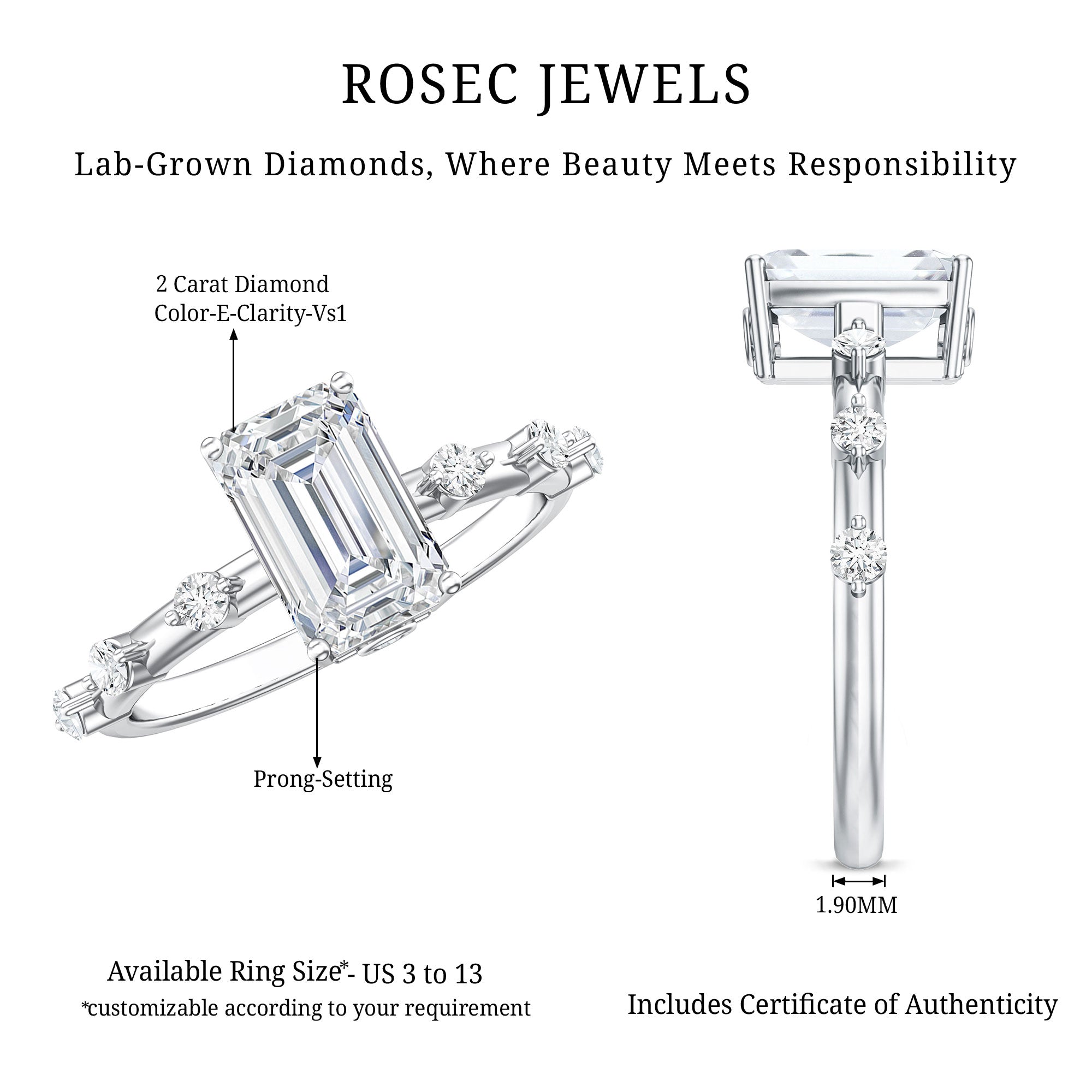 Emerald Cut 2 Carat Lab Grown Diamond Engagement Ring IGI Certified