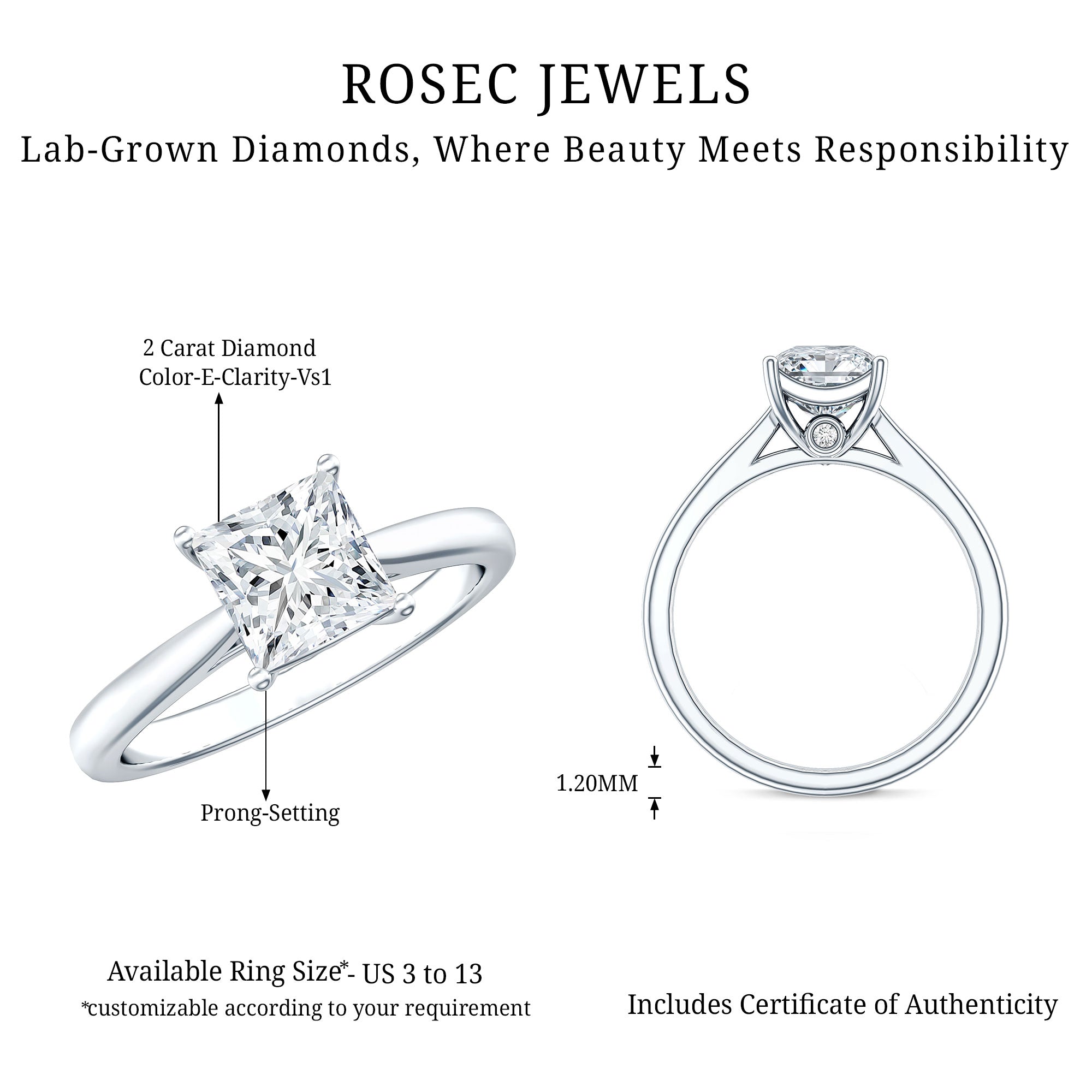 Solitaire 1 Carat Princess Cut Lab Grown Diamond Engagement Ring with IGI Certificate