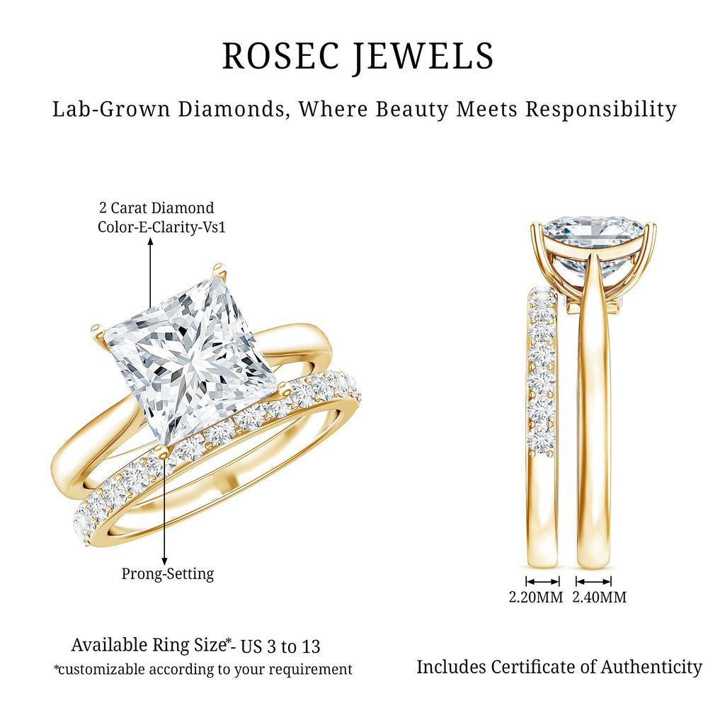 IGI Certified 2 Carat Lab Grown Diamond Princess Cut Engagement Ring With Wedding Band
