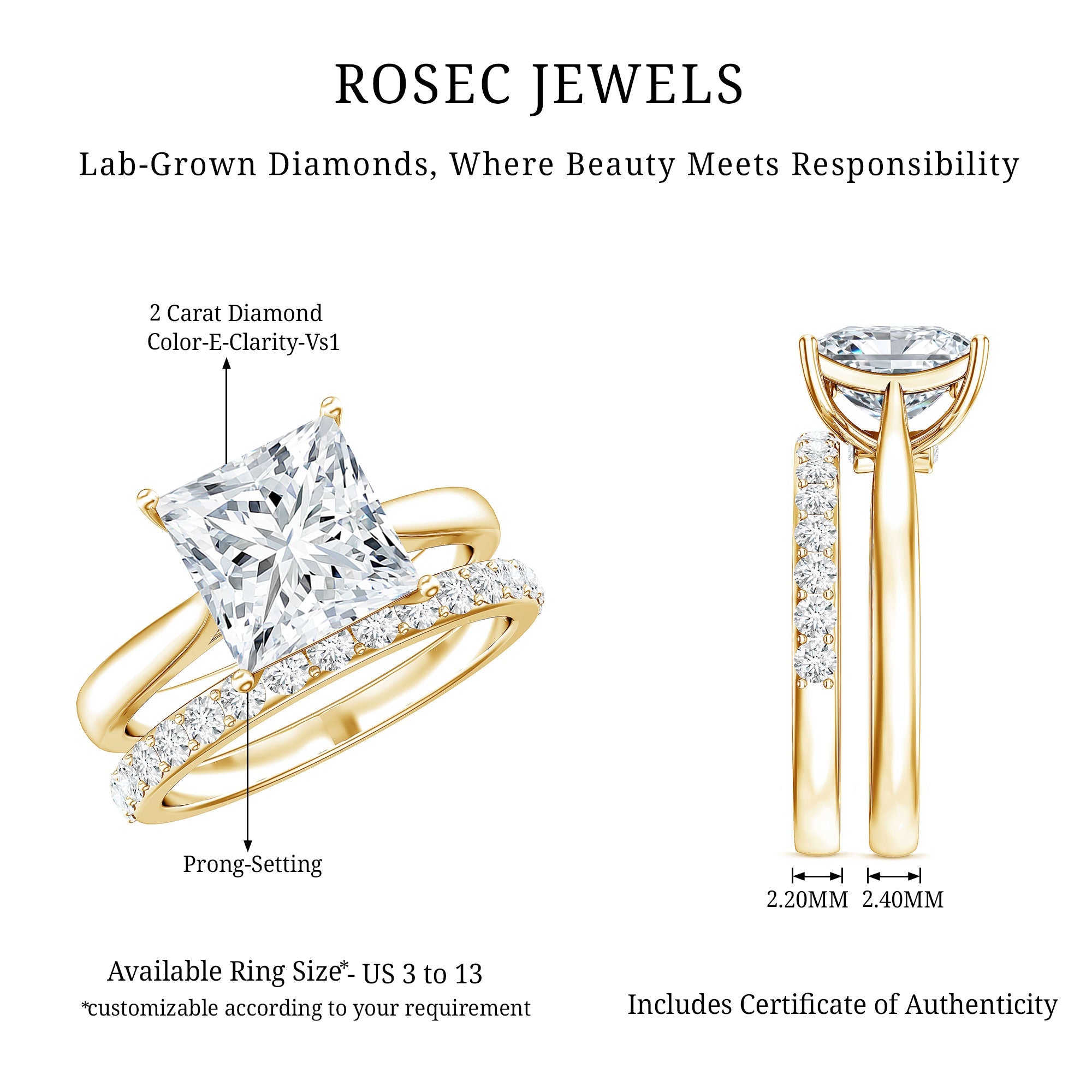 IGI Certified 2 Carat Lab Grown Diamond Princess Cut Engagement Ring With Wedding Band